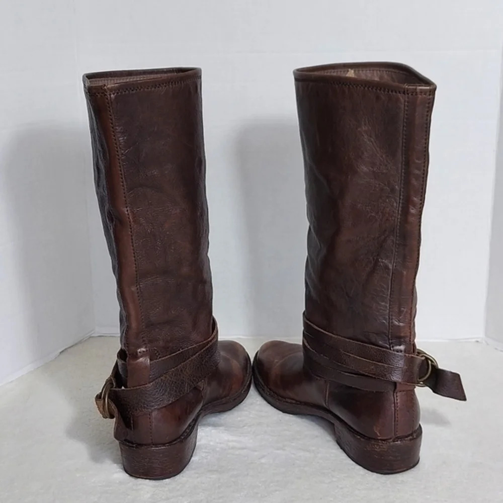 Vintage Shoe Company Distressed Brown Leather Boots Wrap Around Buckle Straps - Picture 6 of 12